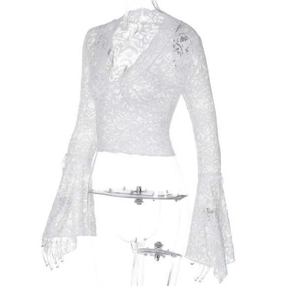 ✨ NEW White Y2K Sheer Lace Bell Sleeve Top - Picture 5 of 10